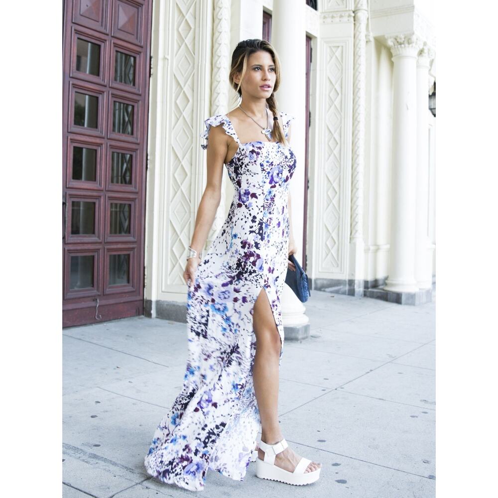 NWT Flynn Skye White Purple Blue Floral Maxi Dress with Slit, Size S